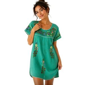 Small Green Embroidered Boho Dress Floral Peasant Cottagecore Festival Shift